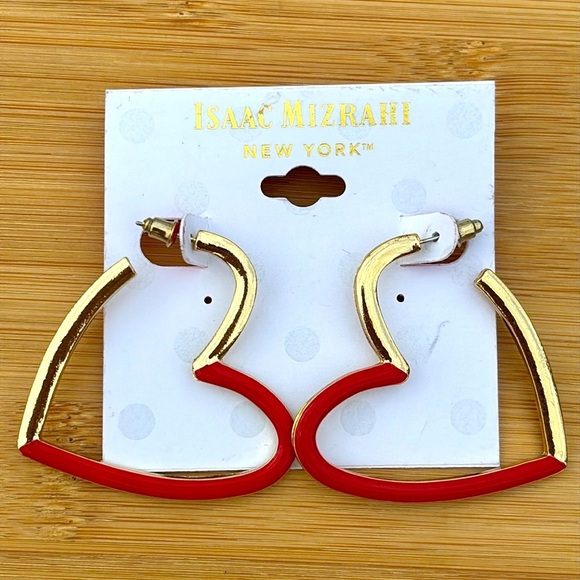 Brand New Isaac Mizrahi Gold Tone & Red Heart Shaped Drop Earrings Valentines - Picture 5 of 11